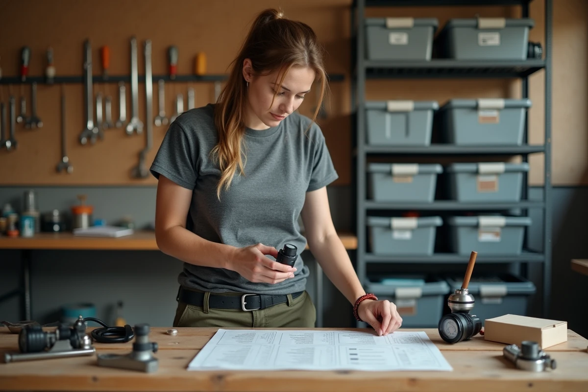 Femme bricoleur comparant des unités de mesure litre et cm cube sur une fiche technique en atelier