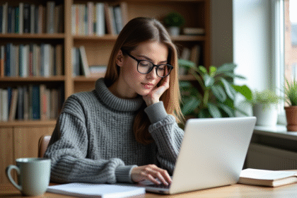 Jeune femme en bureau lumineux avec ordinateur et livres