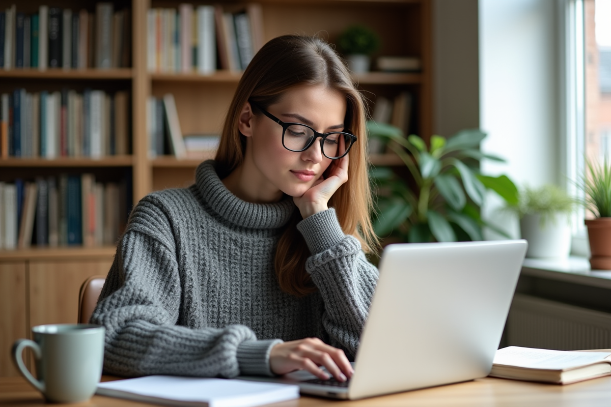 Jeune femme en bureau lumineux avec ordinateur et livres