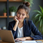 Jeune femme au bureau regardant son ordinateur