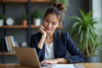 Jeune femme au bureau regardant son ordinateur