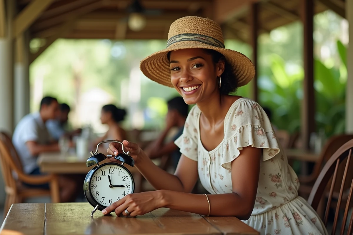 Jeune femme souriante réglant une vieille horloge dans un café en Guyane