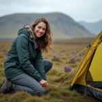 Jeune femme installant une tente en Islande lors d'une randonnée