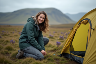 Jeune femme installant une tente en Islande lors d'une randonnée