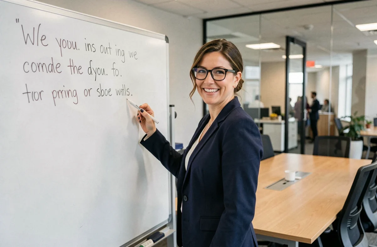 Femme souriante devant un tableau blanc avec une citation humoristique dans une salle de réunion d'entreprise