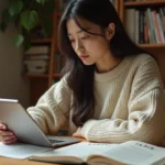 Jeune femme comparant une traduction de manga en français et en japonais sur une tablette numérique dans un bureau home office