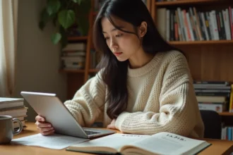 Jeune femme comparant une traduction de manga en français et en japonais sur une tablette numérique dans un bureau home office