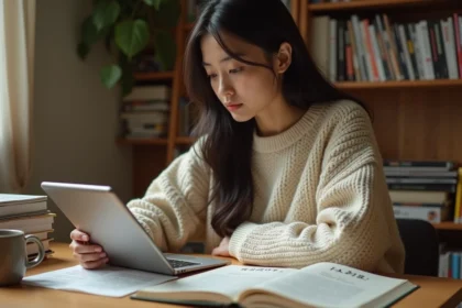 Jeune femme comparant une traduction de manga en français et en japonais sur une tablette numérique dans un bureau home office