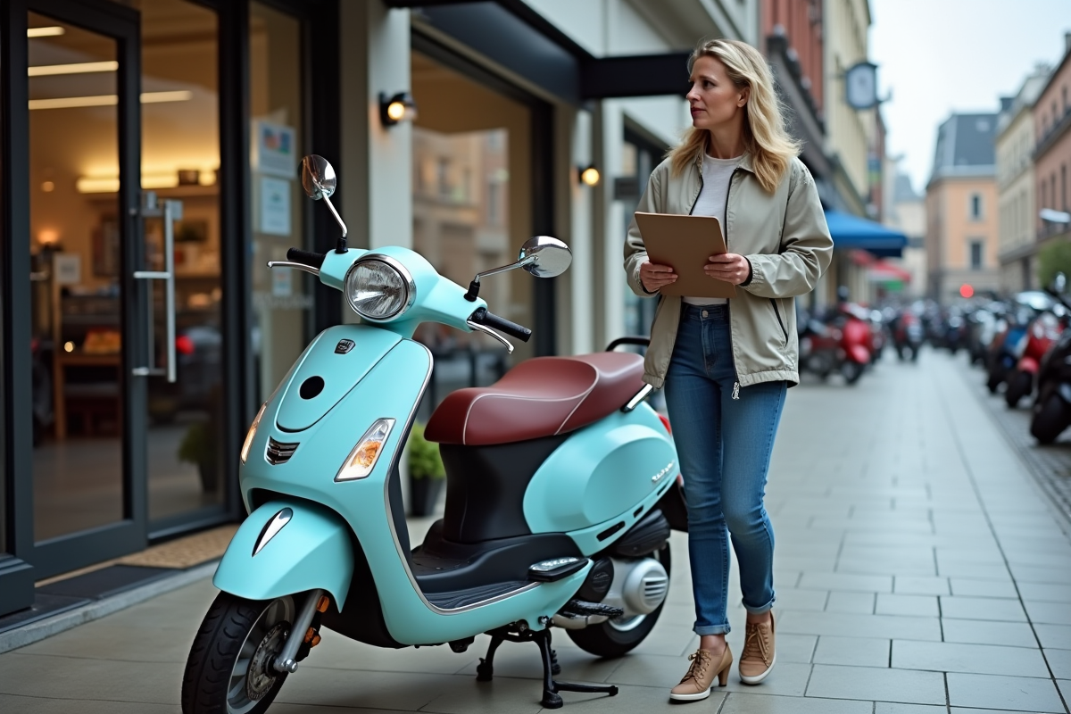 Femme évaluant un scooter 50cc devant un concessionnaire