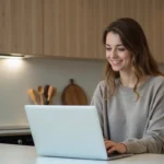 Jeune femme utilisant un convertisseur kg en tonne à la maison