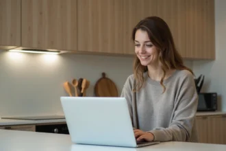 Jeune femme utilisant un convertisseur kg en tonne à la maison