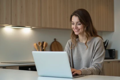 Jeune femme utilisant un convertisseur kg en tonne à la maison