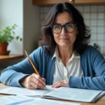 Femme lisant un journal avec puzzle dans une cuisine lumineuse