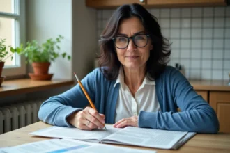 Femme lisant un journal avec puzzle dans une cuisine lumineuse