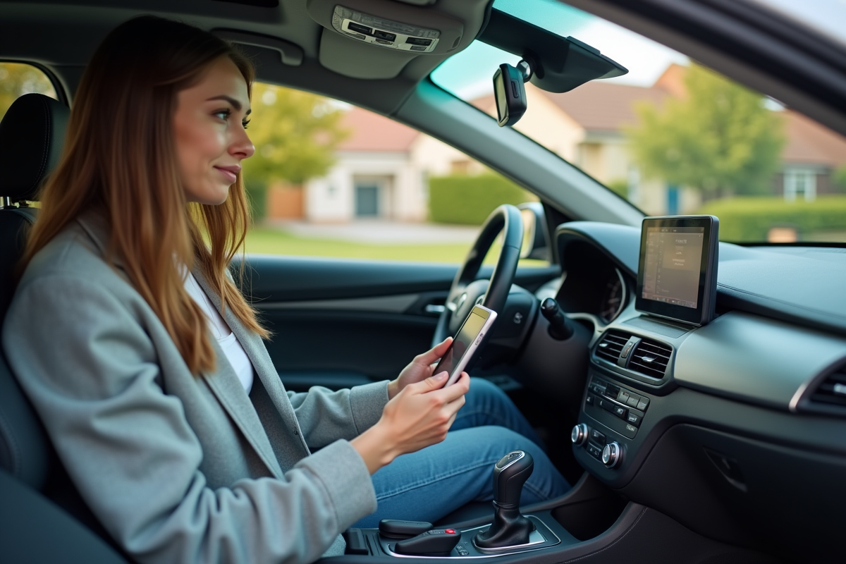 Jeune femme utilisant un tablette diagnostic dans une voiture