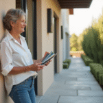 Femme tenant des échantillons de couleur devant une façade de maison