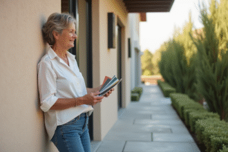 Femme tenant des échantillons de couleur devant une façade de maison