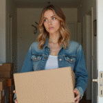 Femme examinant un colis à l'entrée de sa maison