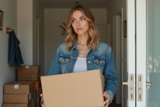 Femme examinant un colis à l'entrée de sa maison