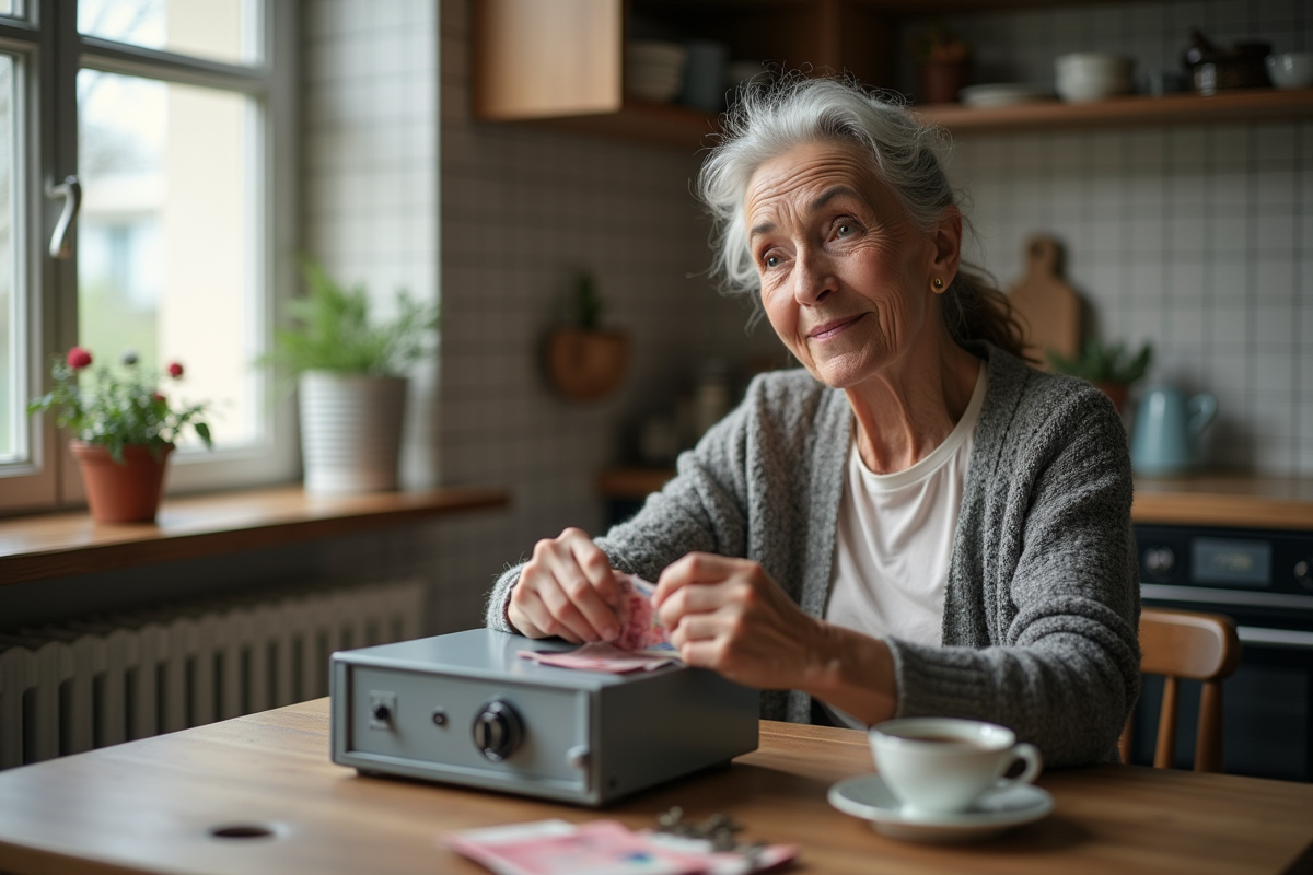 Femme déposant des billets dans un coffre à la maison