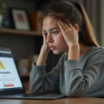 Femme frustrée devant un écran d'ordinateur affichant une erreur de site indisponible