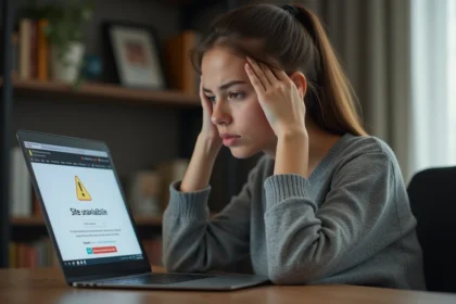 Femme frustrée devant un écran d'ordinateur affichant une erreur de site indisponible