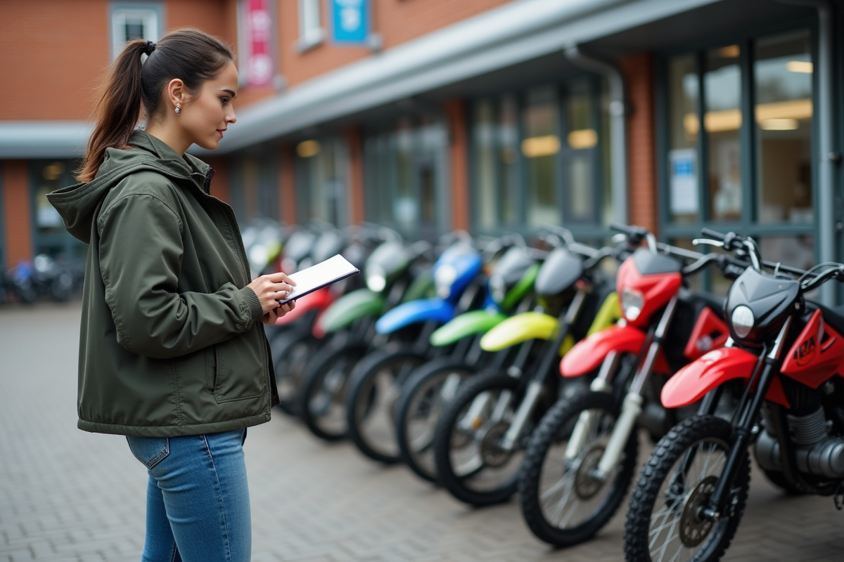 Femme examine plusieurs motos 125cc devant un concessionnaire