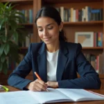 Femme étudiant les 200 questions de naturalisation française à son bureau avec des fiches de révision