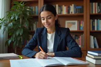 Femme étudiant les 200 questions de naturalisation française à son bureau avec des fiches de révision