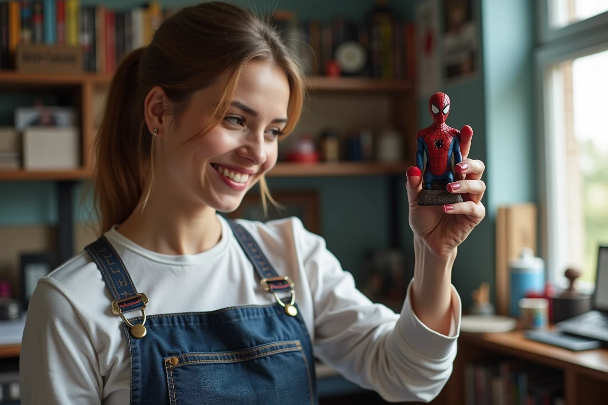 Femme tenant fièrement une figurine Spider-Man custom entièrement peinte à la main dans son atelier de création