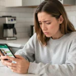 Jeune femme frustrée cherchant le numéro de service client Uber Eats sur son smartphone dans une cuisine moderne