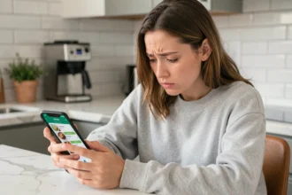 Jeune femme frustrée cherchant le numéro de service client Uber Eats sur son smartphone dans une cuisine moderne