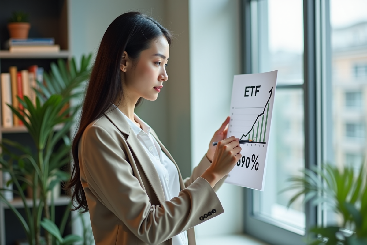 Jeune femme marquant des pourcentages ETF sur un graphique dans un bureau