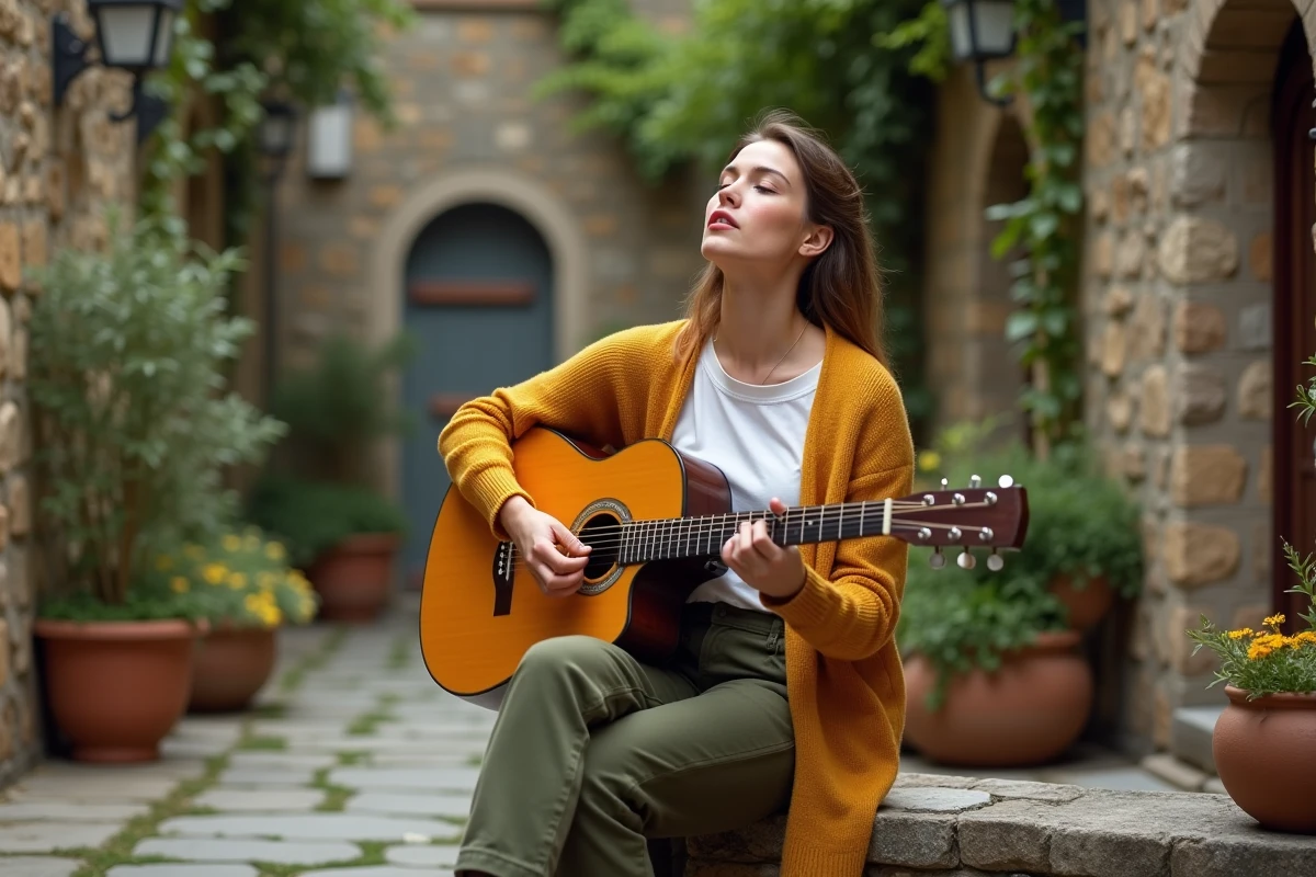 Femme jouant de la guitare acoustique et chantant en plein air dans une cour pavée avec végétation, ambiance naturelle et créative