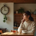 Femme contemplative regardant une horloge affichant 20h20 dans une cuisine chaleureuse, symbolisant l'heure miroir et ses significations en amour