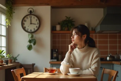 Femme contemplative regardant une horloge affichant 20h20 dans une cuisine chaleureuse, symbolisant l'heure miroir et ses significations en amour