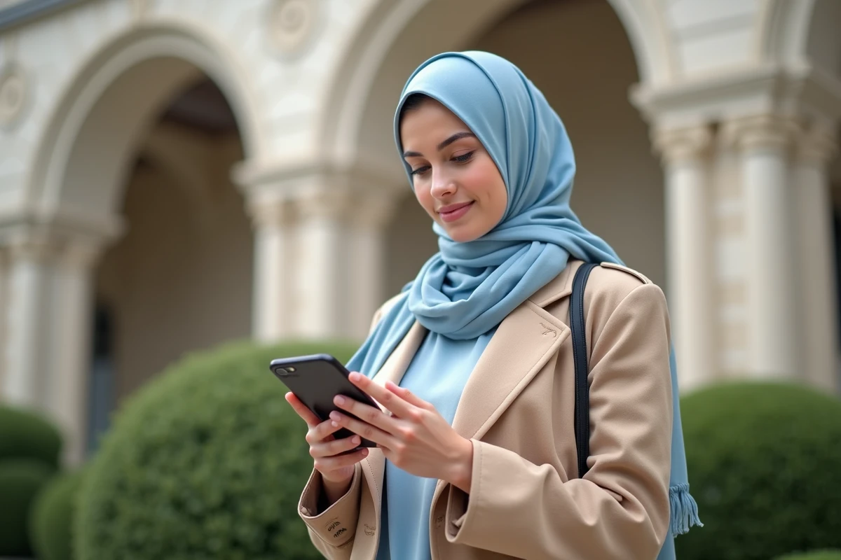 Jeune femme musulmane en hijab devant la mosquee de Valenciennes