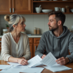 Femme et jeune homme discutant de factures à la cuisine