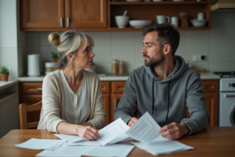 Femme et jeune homme discutant de factures à la cuisine