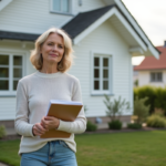 Femme d'âge moyen devant une maison de vacances blanche