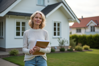 Femme d'âge moyen devant une maison de vacances blanche