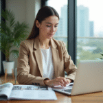 Jeune femme en blazer beige étudie des brochures immobilières