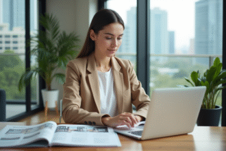 Jeune femme en blazer beige étudie des brochures immobilières