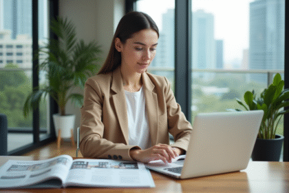 Jeune femme en blazer beige étudie des brochures immobilières