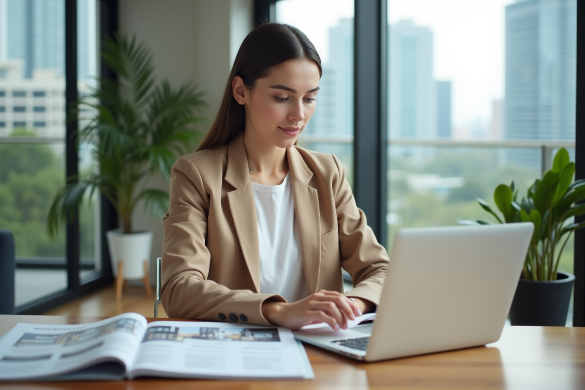 Jeune femme en blazer beige étudie des brochures immobilières
