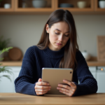 Femme concentrée avec un iPad Mini dans une cuisine moderne