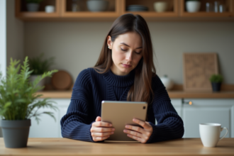 Femme concentrée avec un iPad Mini dans une cuisine moderne