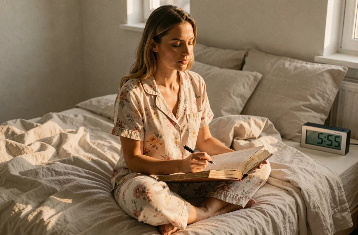 Femme écrivant dans un journal intime à 05h55 du matin, cherchant la signification spirituelle de cette heure miroir en amour