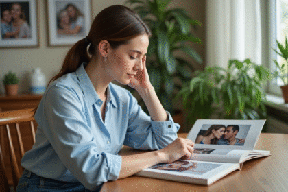 Femme lisant un album photo familial à la maison