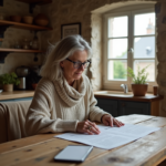 Femme lisant un document sur la taxe d'habitation dans une cuisine rustique